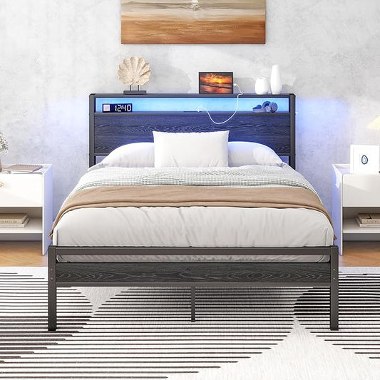 HOJINLINERO Full Size Bed Frame with Storage Headboard/LED Lights, Metal Bed Frame with Charging Station, No Box Spring Needed, Heavy Duty Metal Slats Support, Black
