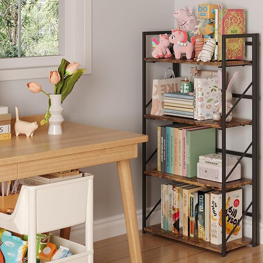 JSB No Assembly Folding Bookshelf, 4 Tier Industrial Metal Book Shelf for Storage, Vintage Wood Foldable Bookcase for Living Room, Bedroom, Office Organization Shelves