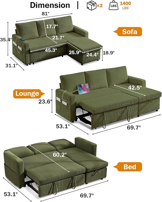 Vipbear 80" Sectional Sleeper Sofa Bed with Pull Out Bed, L Shaped Couch Pull Out Couch with Reclining Backrest, Reversible Storage Chaise, USB Ports, Tool-Free Assembly, Corduroy Olive Green