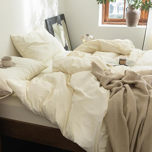 FOSSA Duvet Cover Set 100% Washed Cotton Linen Feel Super Soft Breathable Cozy 3 Pieces Bedding Sets Solid Cream White Full/Double