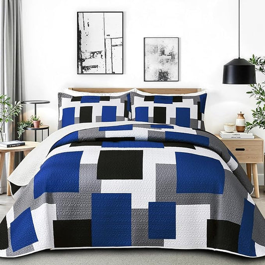 3 Piece Blue White Grey Quilt Set California King Size Black White Geometric Reversible Bedding Set Microfiber Lightweight Bedspread Coverlet with 2 Shams Bed Covers for All Season, 118''x106''