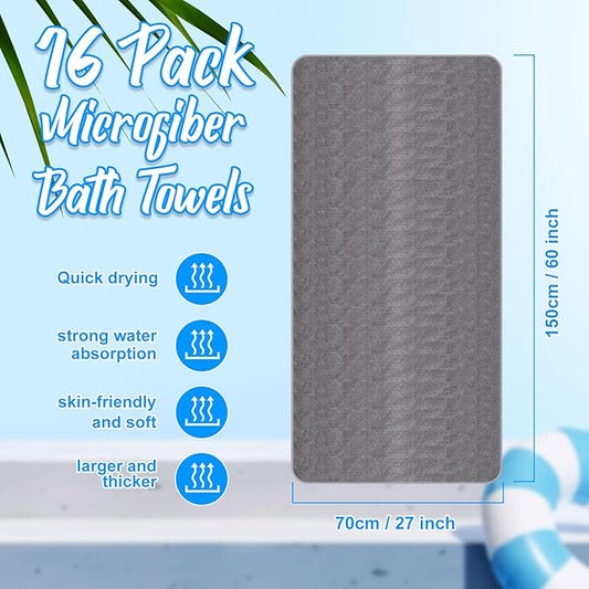 16 Pack Microfiber Bath Towels Bulk 27'' x 60'' Oversized Size Bath Towel Highly Absorbent Extra Large Soft Drying for Shower Beach Winter Salon Sport Gym Party (Wheat,Gray)
