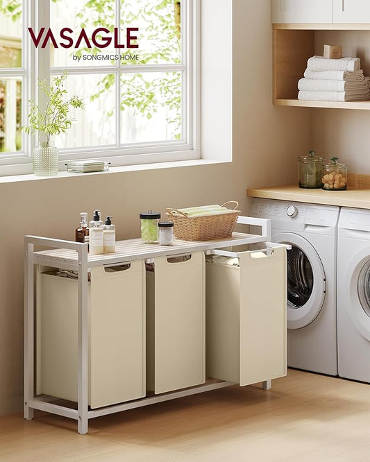 VASAGLE Laundry Hamper, Laundry Basket Sorter with 3 Pull-Out and Removable Bags, Shelf, Metal Frame, 3 x 10.6 Gallons (40 L), 36.4 x 13 x 28.4 Inches, Cappuccino Beige and Natural Beige UBLH301LH01