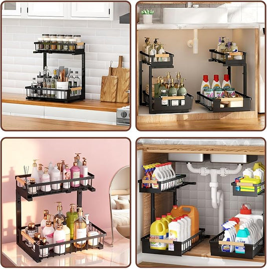 Under Sink Organizer 2-Pack Pull out Cabinet Organizer 2 Tier Metal Shelf Undersink Rack for Kitchen Bathroom Pantry Cabinet Organization and Storage, Black