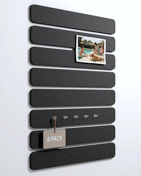 Cork Board Alternative Felt Strip Board 8-Pack 13"x2", Office Pin Board with 50 Push Pins, Adhesive Install for Bedroom Door & Home Office(Black)