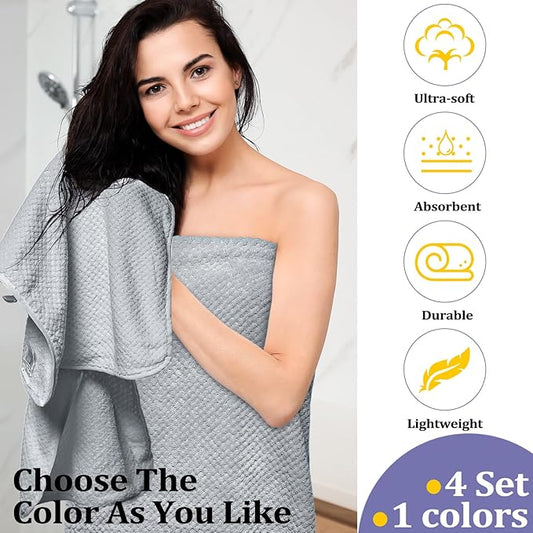 Preboun 12 Pcs Bath Towels and Washcloths 4 Sets Microfiber Bathroom Beach Pool Towel Set Quick Dry Coral Velvet Highly Absorbent for Fitness Sports Shower Travel Spa Hotel(Light Gray)