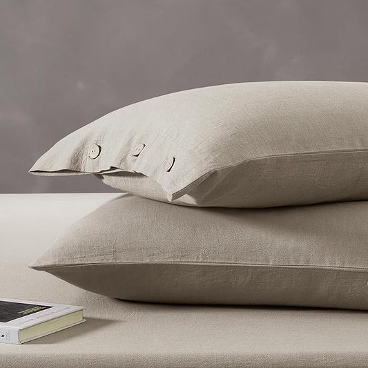 JELLYMONI 100% Washed Cotton Standard Pillowcases Set, 2 Pack Super Soft Breathable Pillow Covers with Button Closure,Pillows are not Included (Standard 20"×26", Taupe)