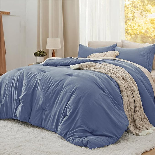 Bedsure King Size Comforter Set, Blue Soft Prewashed Bedding for All Seasons, 3 Pieces GentleSoft™ Warm Down Alternative Bed Set, 1 Lightweight Comforter (104"x90") and 2 Pillowcases (20"x36")