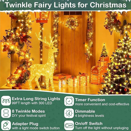 Super Long LED String Lights 99ft 300 LEDs Fairy String Lights with Switch/Timer, Indoor/Outdoor Copper String Lights with Remote, for Birthday Wedding Christmas, Plug in/8 Modes Warm White