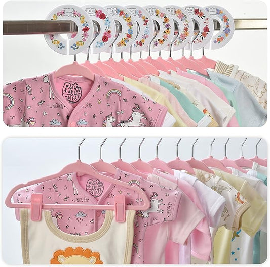 Velvet Baby Hangers with 10x Clips and 8X Dividers (30 Pack) | 11” Ultra-Slim Baby Clothes Hangers | Non-Slip Felt | Space-Saving Nursery & Infant Closet Organizer | Pink