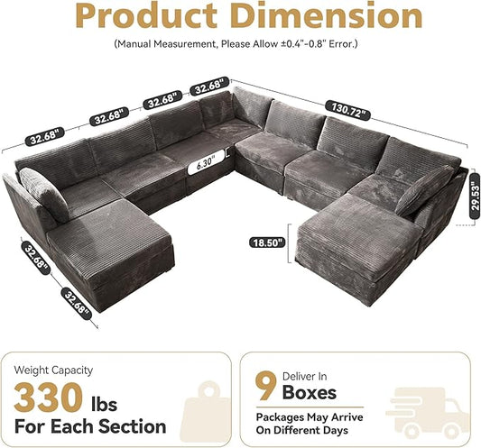 Large 9 Seat Modular Sectional Sofa with Ottoman Seat Corduroy Sleeper Sectional Sofa Bed Oversized Convertible Modular Couch for Living Room