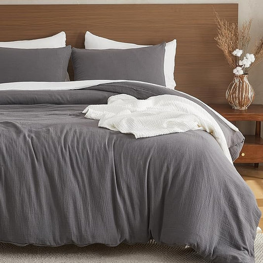 EMME Muslin Cotton Duvet Cover Set Dark Grey King Size Linen Like Soft Breathable Lightweight Summer Comforter Cover Set with Zipper Closure (Dark Grey, King, 104"x90")