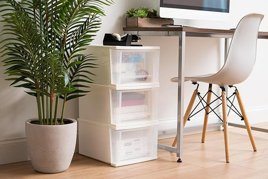 IRIS USA 17 Qt. Medium Plastic Stacking Drawer, Stackable Storage Organizer Unit with Sliding Drawer for Bedroom Kitchen Under Sink Pantry Craft Room Dorm Office, White, 4-Pack