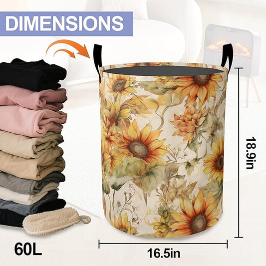 Laundry Basket, Retro Sunflower Flowers Oxford Cloth Laundry Hamper With Handle Foldable Portable Clothes Storage Basket Storage Bag For Laundry Room/Bathroom/Bedroom/Dormitories