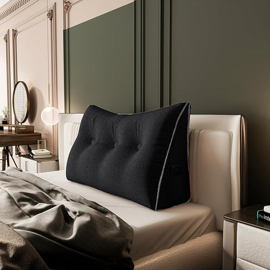 8 lbs Thickened Twin Wedge Pillow Headboard College Dorm Bed Velvet Wedge Pillow Backrest Triangular Headboard Pillows with Side Pocket, Dorm Bedding Essentials for Girls & Boys, Black