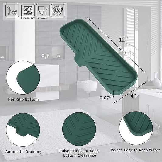 Silicone Bathroom Soap Dishes with Drain Spout-Bathroom and Kitchen Sink Organizer,Sponge Holder,Dish Soap Tray,Perfect for Dispenser,Scrubber,Bottle,Cup on Sink or Counter-Green 12"×4"