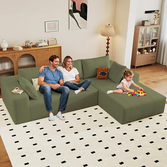 96" Modular Sectional Couch, Boneless L Shaped Cloud Sofa with Chaise Lounge, Corduroy Upholstered Couches Memory Foam Deep Seat, No Assembly Required, Ideal for Living Room(Green, Right Facing)