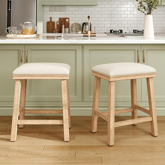 MAISON ARTS Off White Counter Height 24 inch Bar Stool for Kitchen Counter Solid Wood Leg with Faux Leather Padded Seat Farmhouse Barstool for 34"-38" Counter Island Upholstered Stool