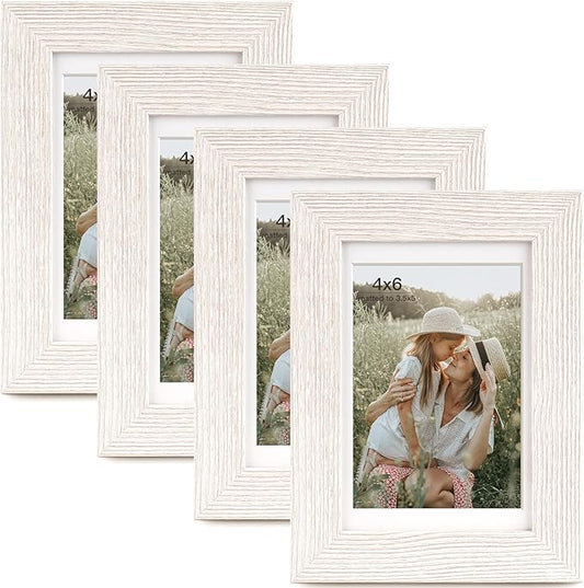 4x6 Picture Frame with Mat for 3.5x5, Rustic White Wood Grain Gallery Wall Picture Frames for Tabletop or Wall Mounting(4 Pack, White)