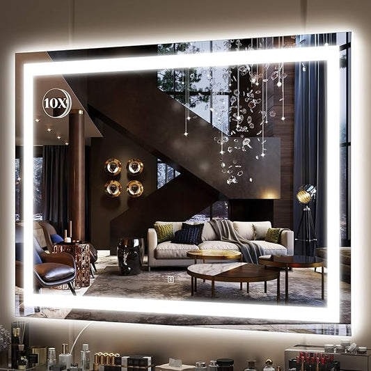 FENNIO Large Vanity Mirror with Lights,38" x 28" LED Makeup Mirror,Hollywood Mirror with 3 Color Modes & Adjustable Brightness,Vanity Mirror Square White