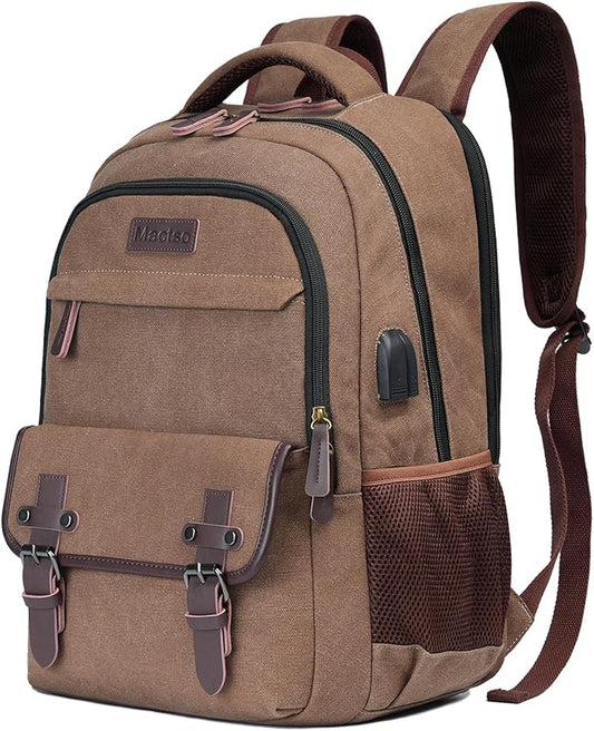 Mactso Canvas Travel Laptop Backpack for Men Women, Business Work Rucksack College Computer Bag Fits 17.3 Inch Notebook,Bookbag with USB Charging Port (Coffee, 17.3 Inch)