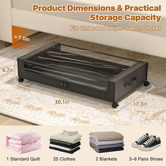 Under Bed Storage with Wheels,Under Bed Storage Containers with Clear Lids, Under-Bed Organizers for Clothes, Shoes – Durable Storage Bins with Smooth Rolling Wheels (Black, 4 Pack)