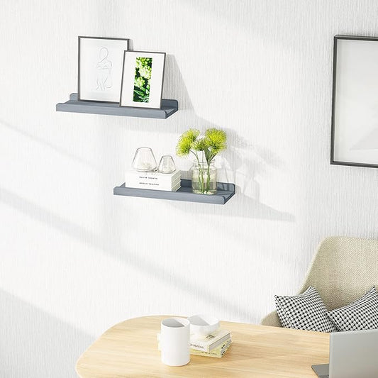 Love-KANKEI Floating Shelves Wall Mounted Set of 2, 17 Inch Rustic Wood Wall Shelves for Storage, Bedroom Living Room Bathroom Kitchen Office and More Weathered Grey