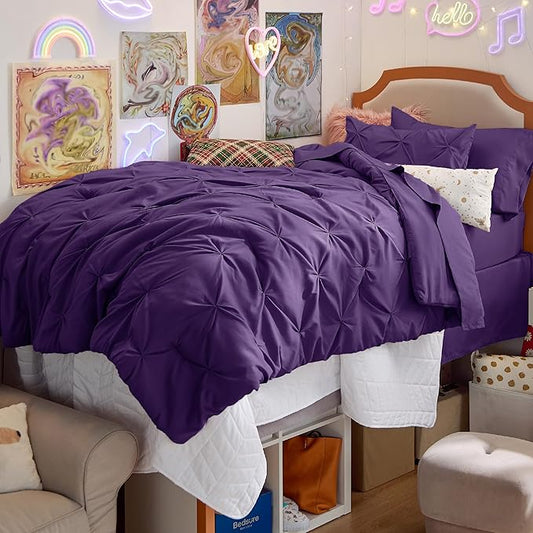 Bedsure Twin Comforter Set Purple - Bed in a Bag Twin Size Bedding 5 Pieces, GentleSoft™ Pintuck Bed Set Gift for Family, Pinch Pleat Purple Comforter with Sheets, Pillowcase & Sham