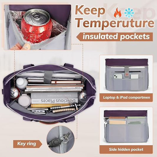 RAINSMORE Teacher Tote Bag for Women Work Bags 15.6 Inch Laptop Tote Bag with Large Cup Holder Nurse Bag Computer Handbag