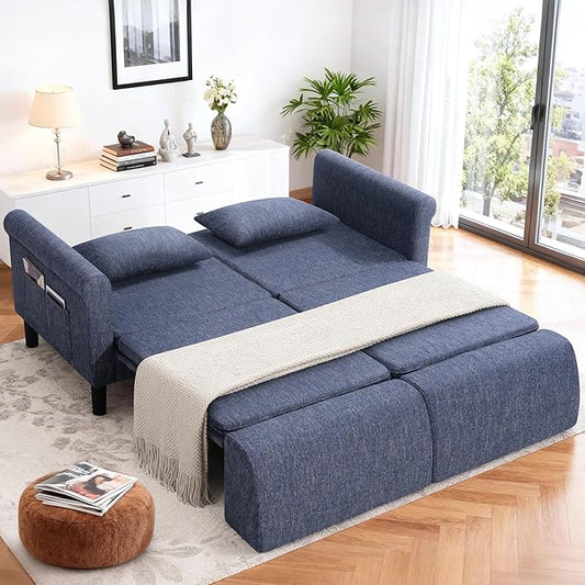 SEJOV 74" Convertible Sofa Bed, 5-in-1 Loveseat Sleeper Sofas with Pull Out Couch Bed, Storage Pockets & 2 Pillows, Modern Folding Linen Futon Couch for Living Room, Bedroom, Small Space, Blue