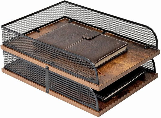 Set of 2 Vintage Wood & Metal Letter Tray,Desk Organizers Paper Tray,Office File Organizer(Black)