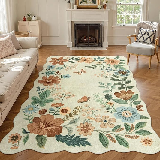 Lahome Floral Living Room Rug, 5x7 Rugs for Bedroom Ultra-Thin Soft Washable Dining Room Rug, Non Slip Stain Resistant Boho Low-Pile Throw Carpet for Office (5x7ft,Beige)