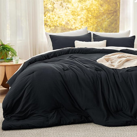 Bedsure Super King Plus Size Comforter Set, Black Soft Prewashed Bedding for All Seasons, 3 Pieces GentleSoft™ Bed Set, 1 Lightweight Comforter (128"x120") and 2 Pillowcases (20"x36")