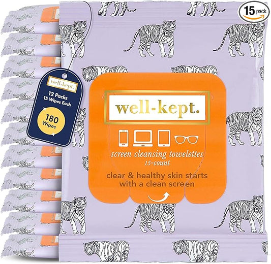 Well-Kept Tech & Lens Wipes - Eyeglass, Screen & Phone Cleaning, Multi-Surface, Lint-Free, Pre Moistened, Streak-Free & Non Scratching - Tiger Pose, 12 Pack (180 Count)