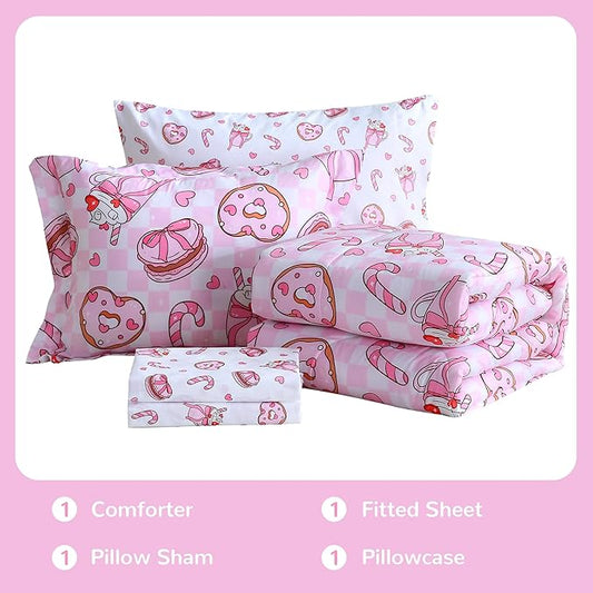 Viviland Kids Twin Bedding Sets for Girls, Soft Twin Comforter Set with Sheets, 5 Pieces Microfiber Bed in a Bag, Pink Dessert Cake