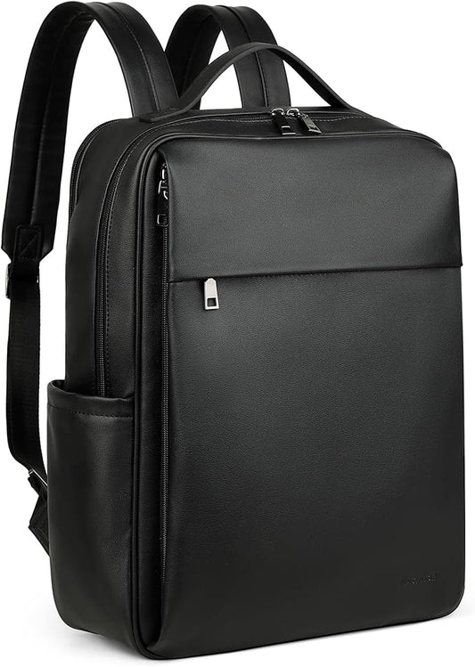 MASINTOR 15.6 inch PU Leather Laptop Backpack Purse for Women, Large College Casual Backpack Travel Bag Black