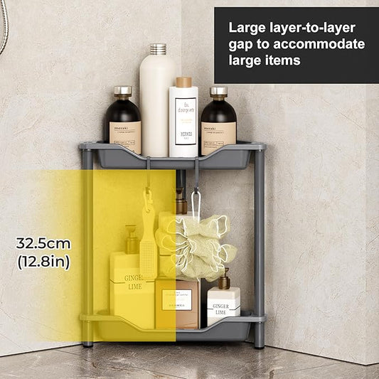 Orimade Rustproof 2 Tier Floor Standing Corner Shower Caddy Organizer, Plastic Metal Splicing Floor Corner Shelf Rack Stands for Bathroom, Grey