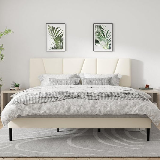 King Size Platform Bed Frame with Geometric Upholstered Headboard, Noise Free, Wooden Slats Support, No Box Spring Needed, Easy Assembly, Beige, Velvet