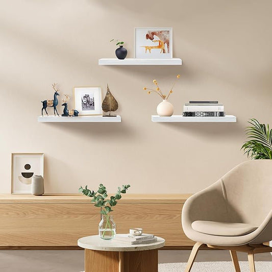White Floating Shelves for Wall Set of 3, 16" White Shelves for Home Decor, Frame Display Wall Mounted Floating Shelf for Living Room, Bedroom, Bathroom, Kitchen