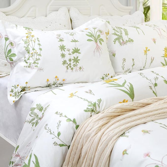 FADFAY Shabby Floral Duvet Cover Set White and Green Cotton Bedding Set with Hidden Zipper Closure 3 Pieces, 1duvet Cover & 2pillowcases (King/California King Size, Simple Style)