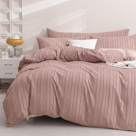 JELLYMONI Duvet Cover Full Size Smokey Pink - 3PCS Boho Striped Duvet Cover Set Polyester Tufted Bohemian Textured Comforter Cover 80×90in with Corner Ties & Zipper and 2 Pillowcases