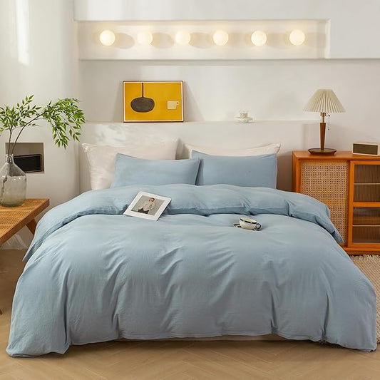 ECOCOTT Haze Blue Duvet Cover Queen Size, 3 Piece 100% Washed Cotton 1 Duvet Cover with Zipper and 2 Pillowcases, Ultra Soft and Easy Care Breathable Cozy Bedding Set (Haze Blue,Queen)