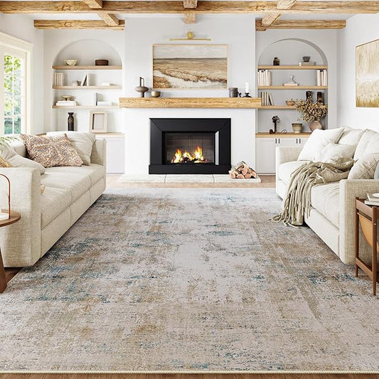 6x9 Washable Area Rug Beige Blue Abstract Living Room Bedroom Throw Rug Neutral Modern Non Slip Soft Low Pile Indoor Carpet for Dining Room Kitchen Office