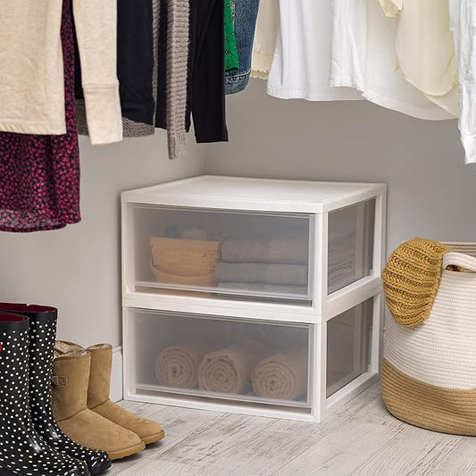 IRIS USA 47 Qt. Extra-Large Stackable Storage Drawer Plastic Drawer Organizer with Clear Doors, for Pantry Bedroom Closet Kitchen Under-Sink Home and Office De-Clutter Shoes and Crafts, White, 2-Pack