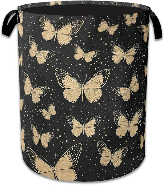 Golden Butterfly Laundry Basket,Foldable Waterproof Oxford Cloth Tote Bag Vintage Laundry Hamper with Handles,20.8"x16" Clothes Storage Bucket Organizer for Laundry Room, Bathroom, Bedroom