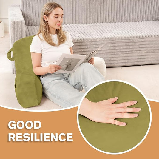 Portable Comfy Reading Pillows for Bed Sitting Up(Pale Green Oeko-Tex), Velvet Back Pillow with Arms & Pockets for Adults, Support Memory Foam Bed Pillow for Dorm/Reading/Watching/Gaming