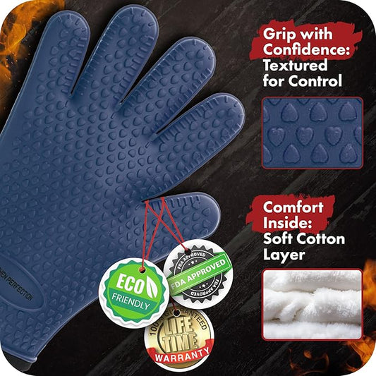 KITCHEN PERFECTION S Silicone Smoker Oven Gloves -Extreme Heat Resistant BBQ Gloves -Handle Hot Food Right on Your Grill Fryer Pit|Waterproof Oven Mitts |Superior Value Set+3 Bonuses