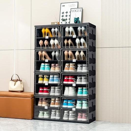 JEKO&JEKO 8 Tiers Foldable Shoe Rack Organizer Cabinet for Closet Entryway, Large Collapsible Shoe Storage Box with Magnetic Doors (Black)