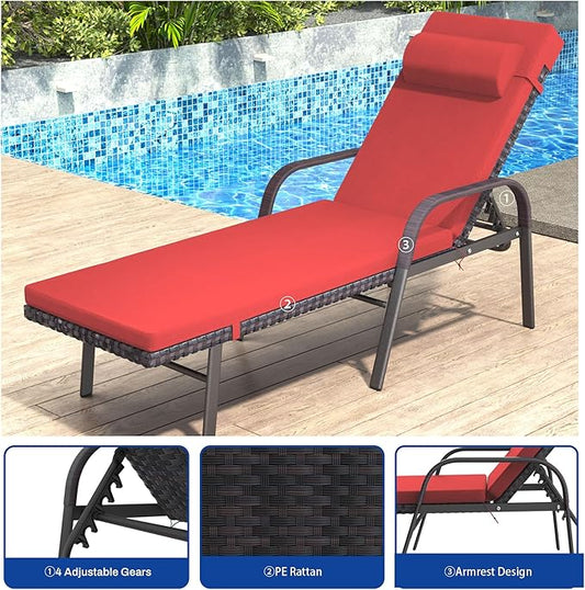 Patio Chaise Lounge Set 3 Pieces Pool Lounge Chairs,Cushioned Outdoor Folding Lounge Chair w/Arm and Rattan Adjustable Backrest for Poolside Porch,Folding Table Included,Red