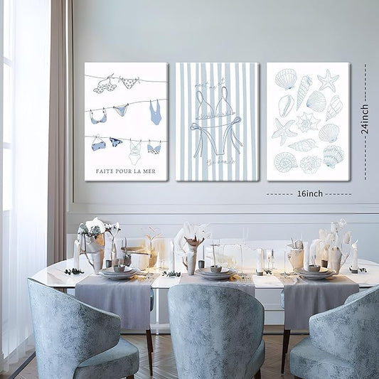 Trendy Coastal Canvas Wall Art Set of 3, Blue Bikini Granddaughter Room Wall Decor Paintings, Preppy Coastal Shell Girls Dorm Posters Prints Pictures for Living Room Bedroom 16x24 Inch Framed